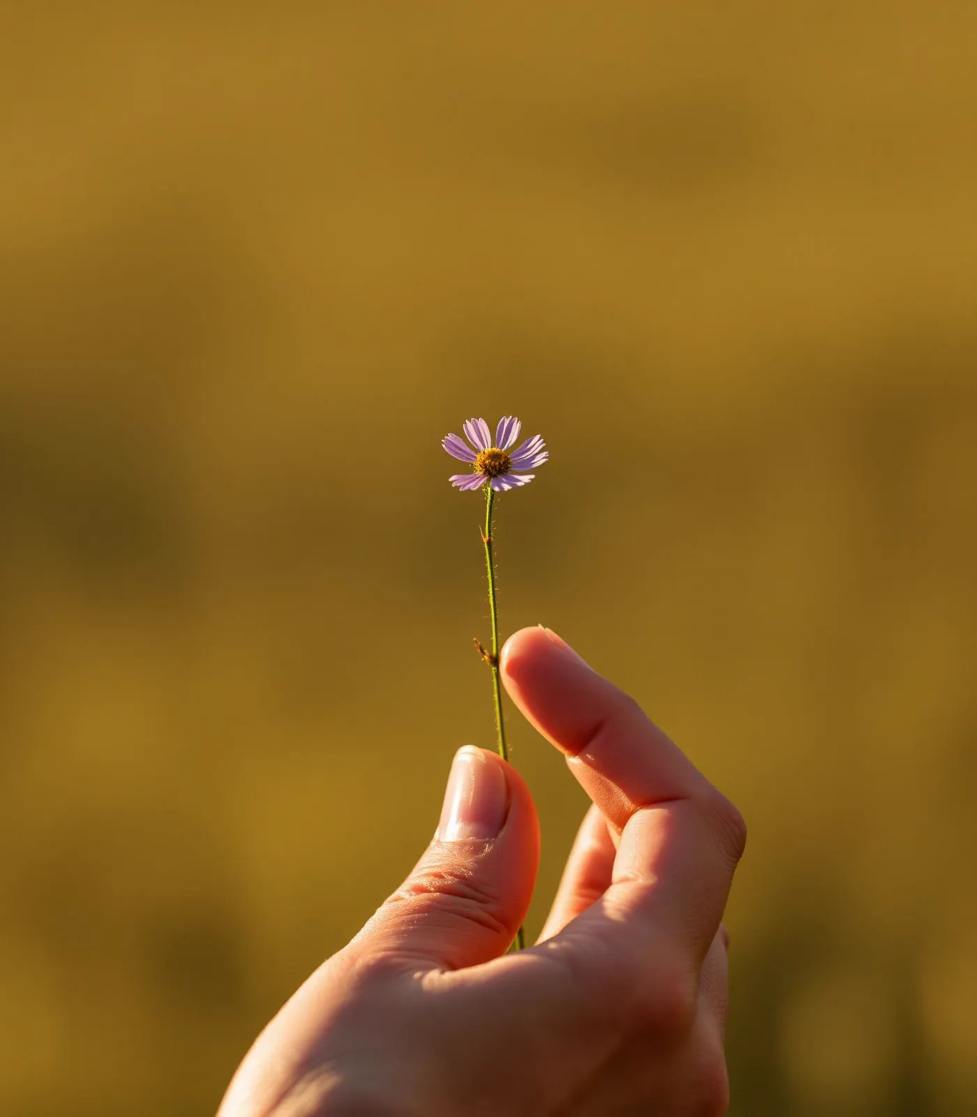 A hand gently holding a wildflower in soft light