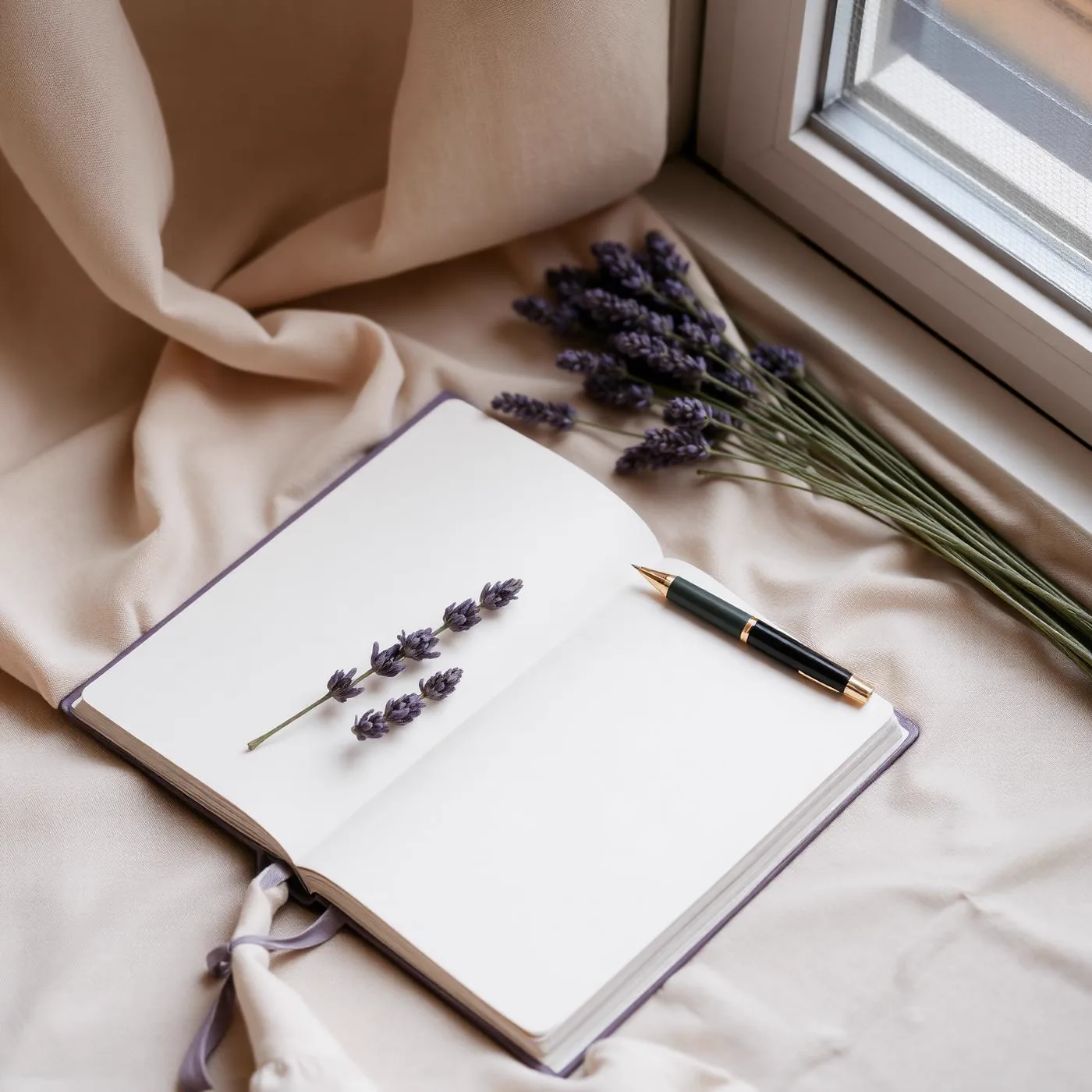 Open journal with dried lavender in soft window light